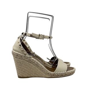 Valentino Garavani Rockstud Espadrille Wedge Sandals White Ivory Leather Size 40